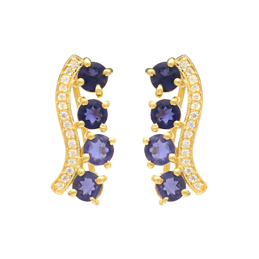 Iolite and zircon gemstone climber earring in 925 gold plated sterling silver