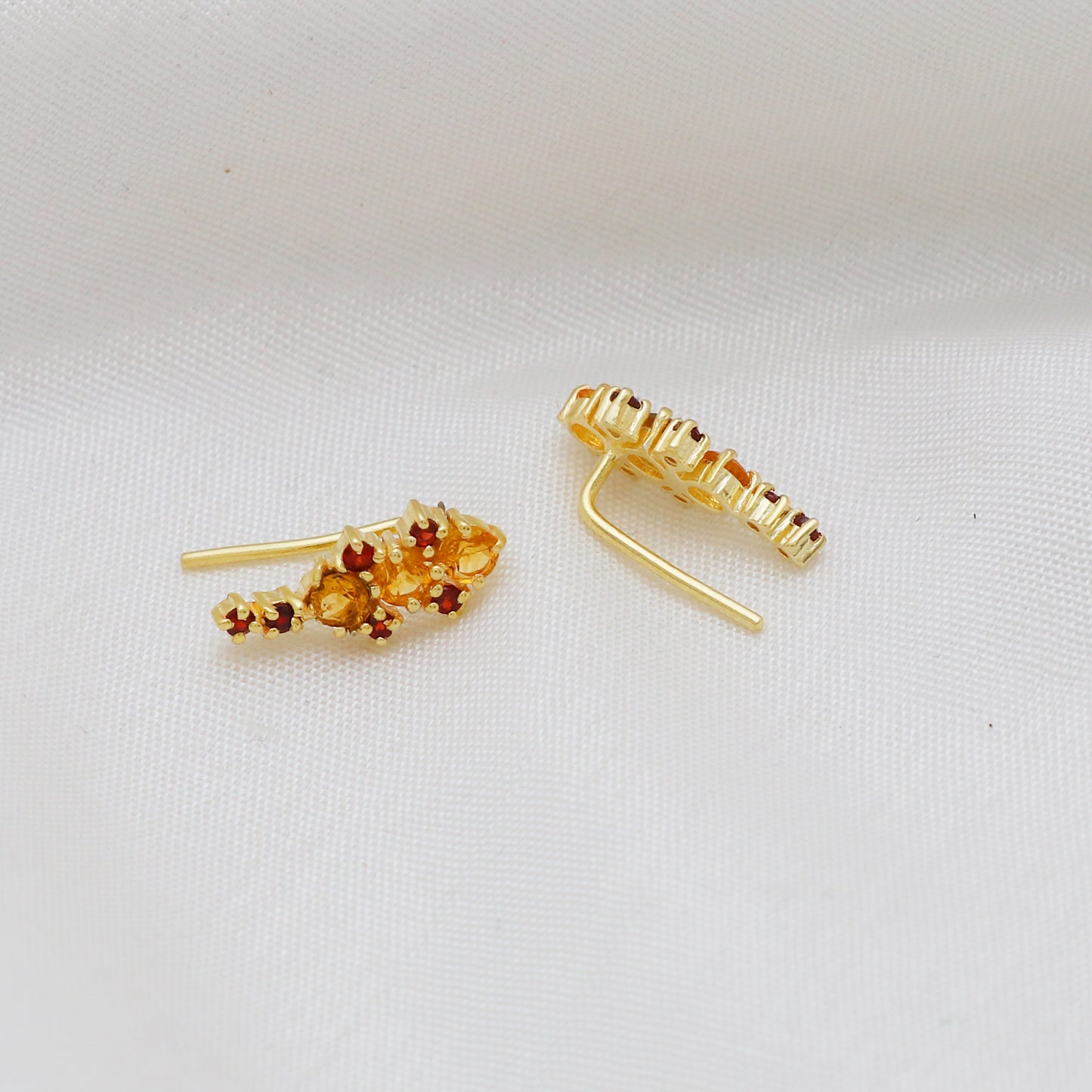 Citrine and garnet gemstone climber earring in 925 gold plated sterling silver