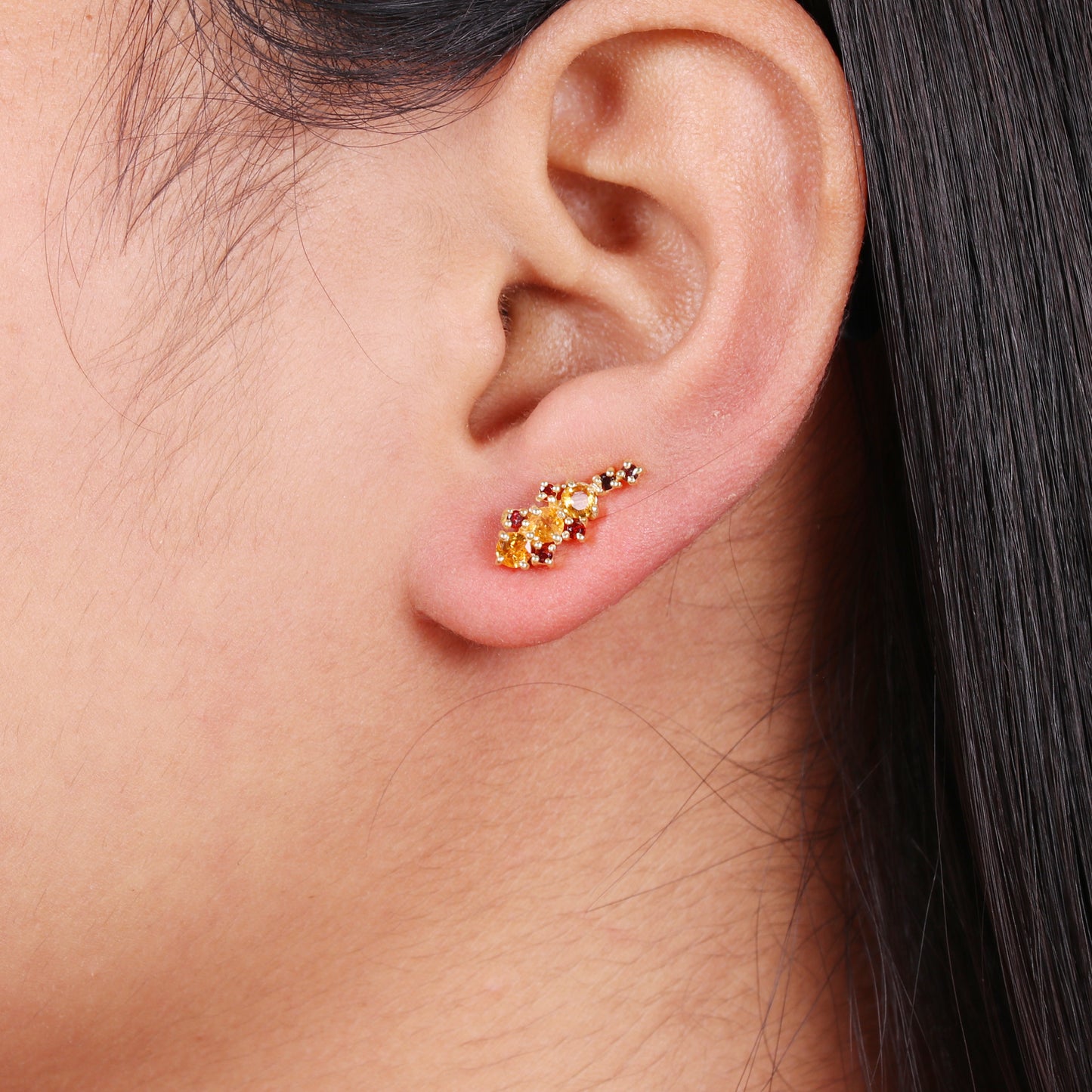 Citrine and garnet gemstone climber earring in 925 gold plated sterling silver