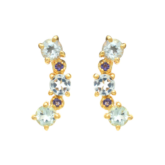 Iolite and blue topaz gemstone climber earring in 925 gold plated sterling silver