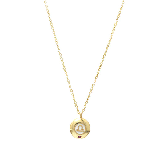 Libra Zodiac Sign chain necklace with white enamel and Pink Tourmaline birthstone in 22k gold plated 925 sterling silver