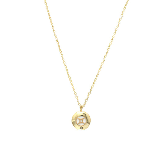 Gemini Zodiac Sign chain necklace with white enamel and Pearl birthstone in 22k gold plated 925 sterling silver