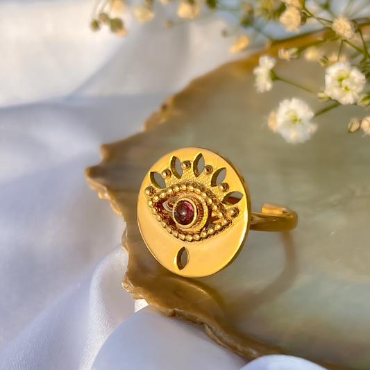 Adjustable Evil Eye ring with Garnet gemstone in 22k gold plated 925 sterling silver