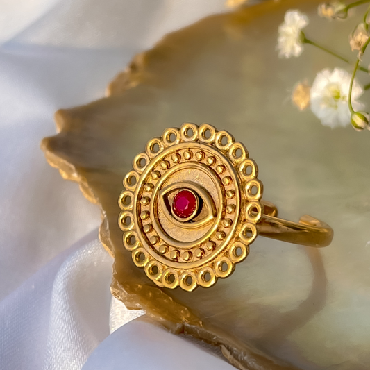 Adjustable Evil Eye ring with Ruby gemstone in 22k gold plated 925 sterling silver
