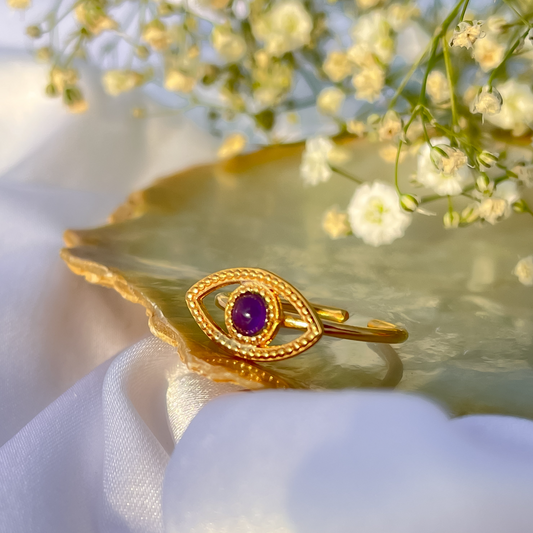 Adjustable Evil Eye ring with Amethyst gemstone in 22k gold plated 925 sterling silver