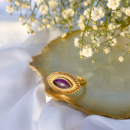 Adjustable Evil Eye ring with Amethyst marquise gemstone in 22k gold plated 925 sterling silver