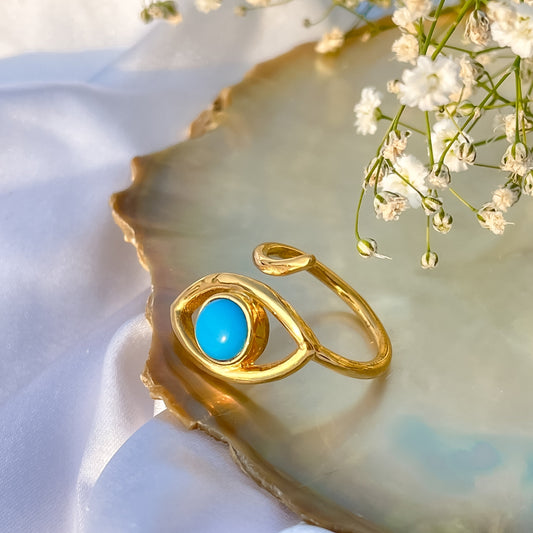 Adjustable Evil Eye ring with Turquoise gemstone in 22k gold plated 925 sterling silver