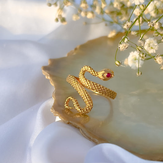 Adjustable Snake ring with Ruby gemstone in 22k gold plated 925 sterling silver