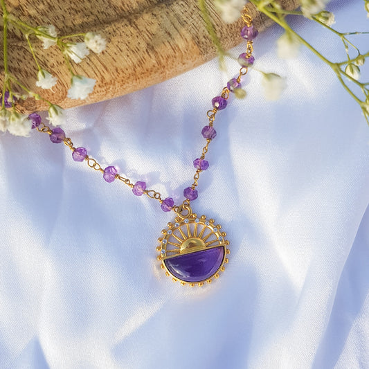 Amethyst beaded necklace with sun charm in 22k gold plated 925 sterling silver and zircon stones
