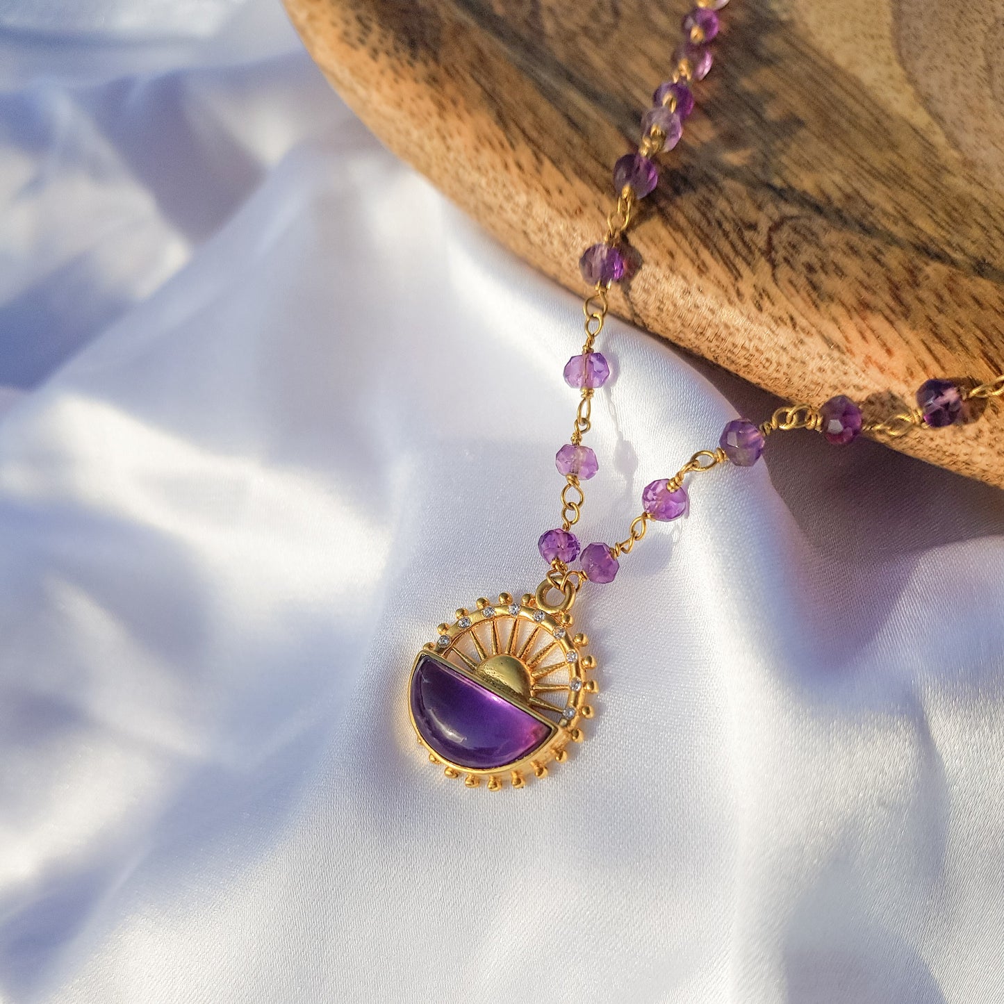 Amethyst beaded necklace with sun charm in 22k gold plated 925 sterling silver and zircon stones