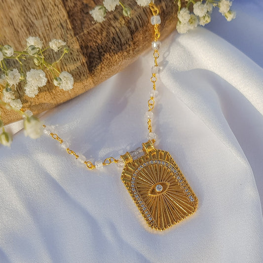 Clear Quartz beaded necklace with Evil Eye Tarot Card charm and zircon stones in 22k gold plated 925 sterling silver