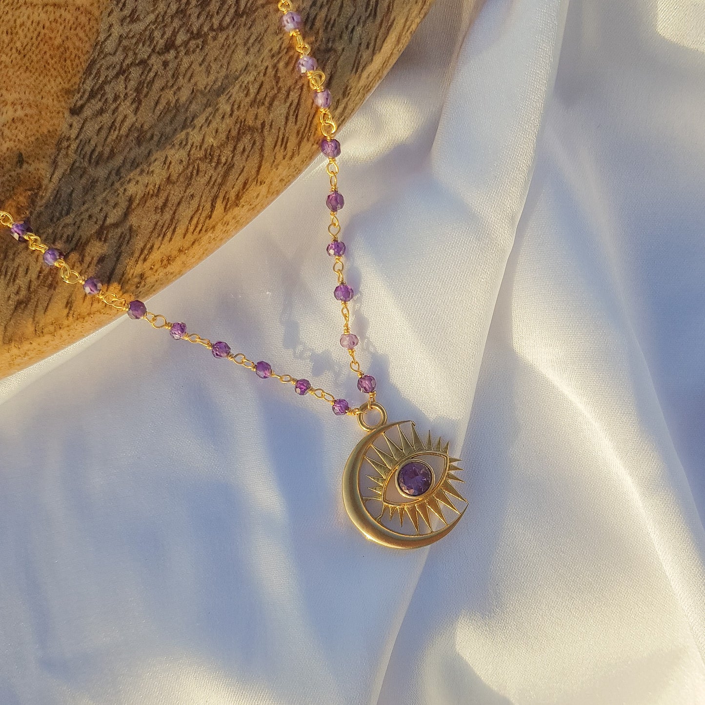 Amethyst beaded necklace with Evil Eye Crescent Moon charm in 22k gold plated 925 sterling silver