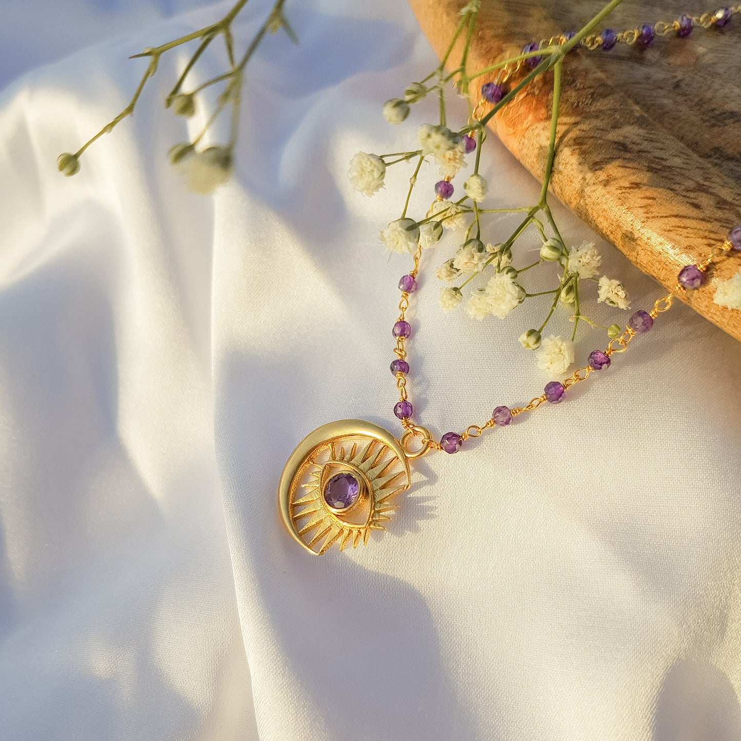 Amethyst beaded necklace with Evil Eye Crescent Moon charm in 22k gold plated 925 sterling silver