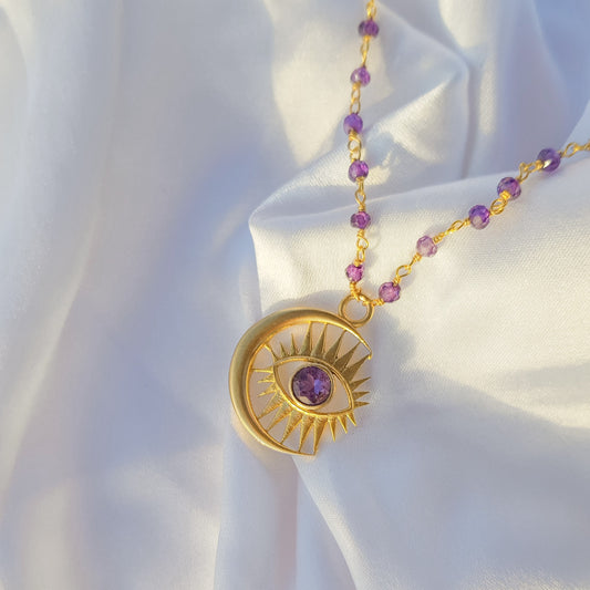 Amethyst beaded necklace with Evil Eye Crescent Moon charm in 22k gold plated 925 sterling silver