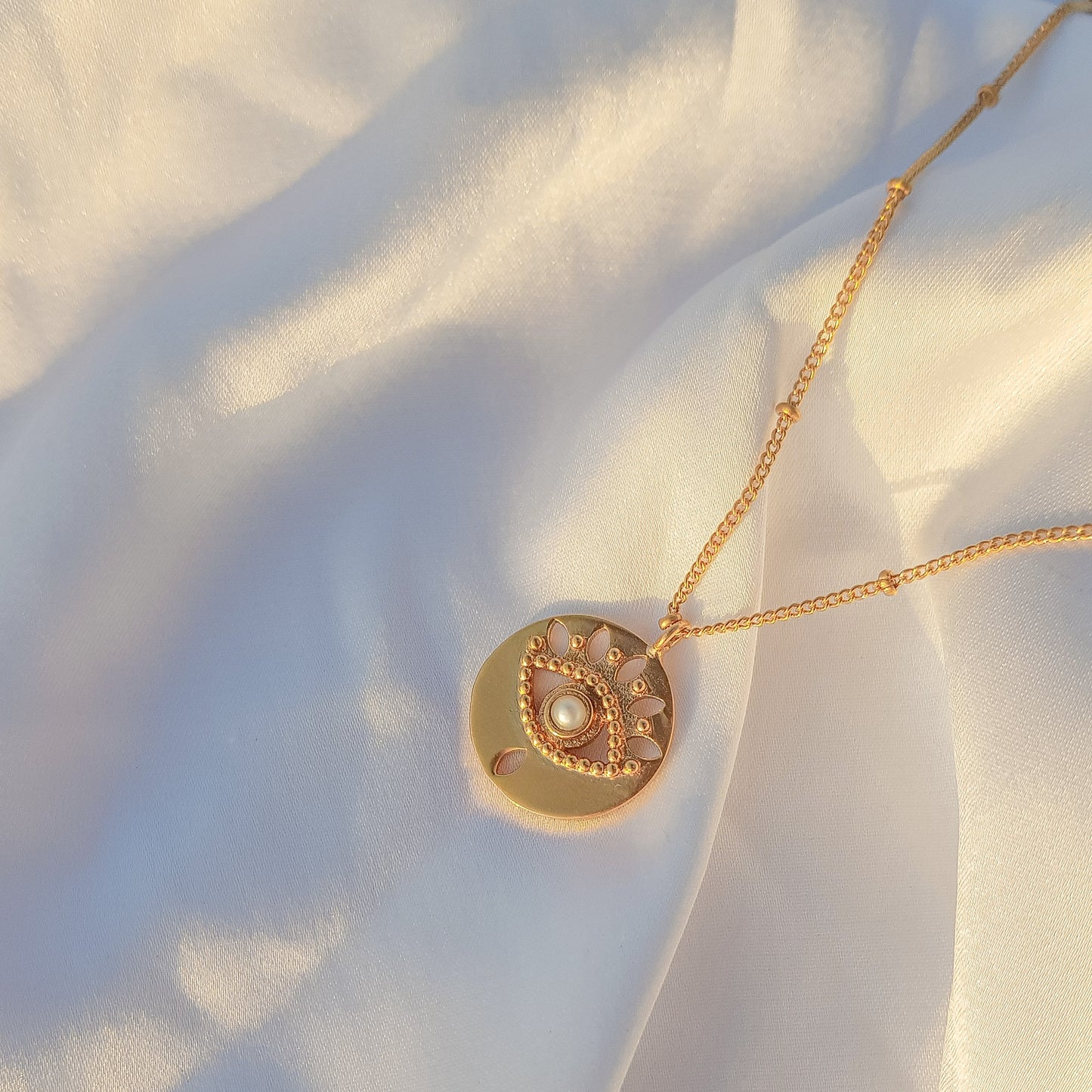 Evil Eye ball chain necklace with pearl, emerald, zircon and amethyst in 22k gold plated 925 sterling silver