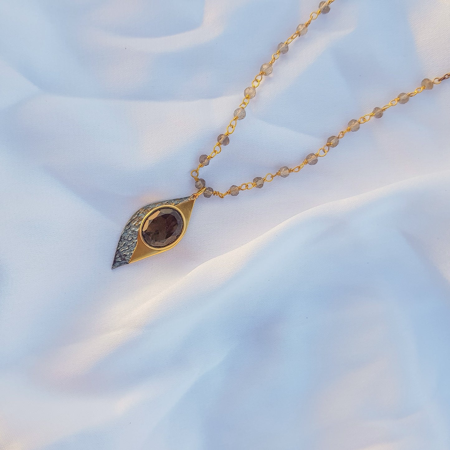 Smoky Quartz beaded necklace in two tone black rhodium and 22k gold plated 925 sterling silver