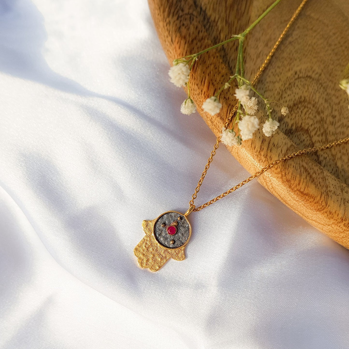 Cancer Zodiac Constellation chain necklace with Hamsa Charm and ruby birthstone in two tone black rhodium and 22k gold plated 925 sterling silver