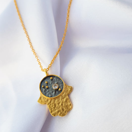 Aries Zodiac Constellation chain necklace with Hamsa Charm and Zircon birthstone in two tone black rhodium and 22k gold plated 925 sterling silver