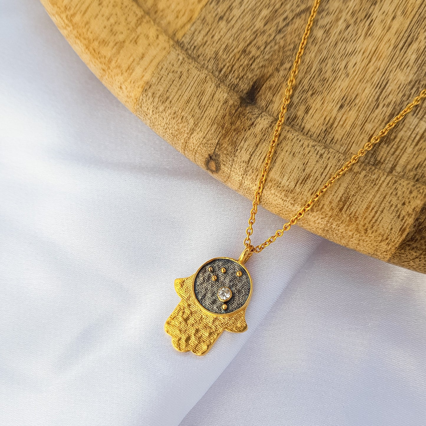 Aries Zodiac Constellation chain necklace with Hamsa Charm and Zircon birthstone in two tone black rhodium and 22k gold plated 925 sterling silver