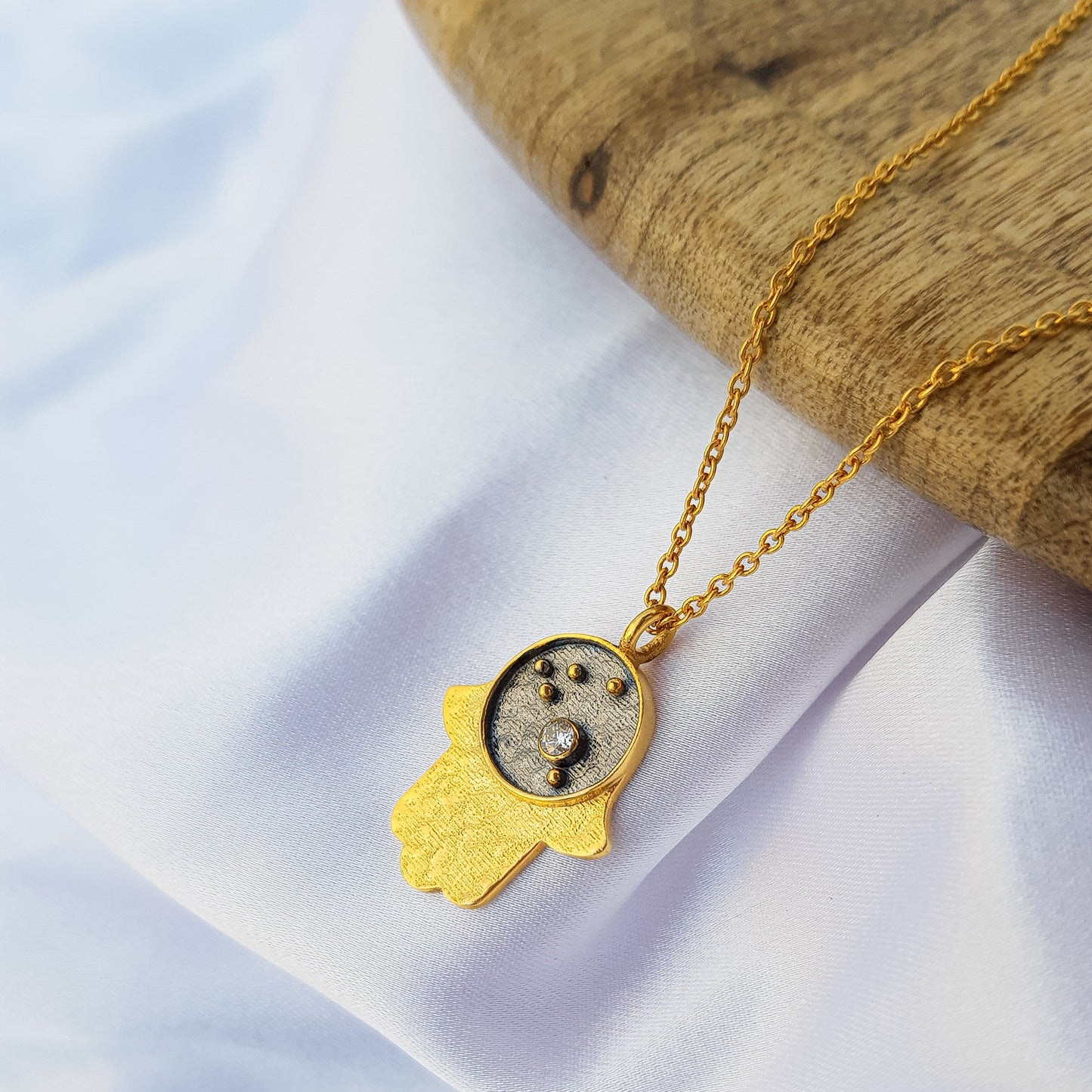 Aries Zodiac Constellation chain necklace with Hamsa Charm and Zircon birthstone in two tone black rhodium and 22k gold plated 925 sterling silver