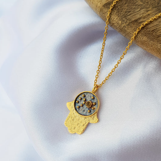 Scorpio Zodiac Constellation chain necklace with Hamsa Charm and Citrine birthstone in two tone black rhodium and 22k gold plated 925 sterling silver