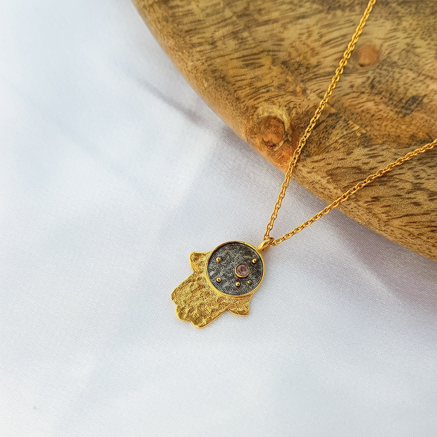 Aquarius Zodiac Constellation chain necklace with Hamsa Charm and Amethyst birthstone in two tone black rhodium and 22k gold plated 925 sterling silver