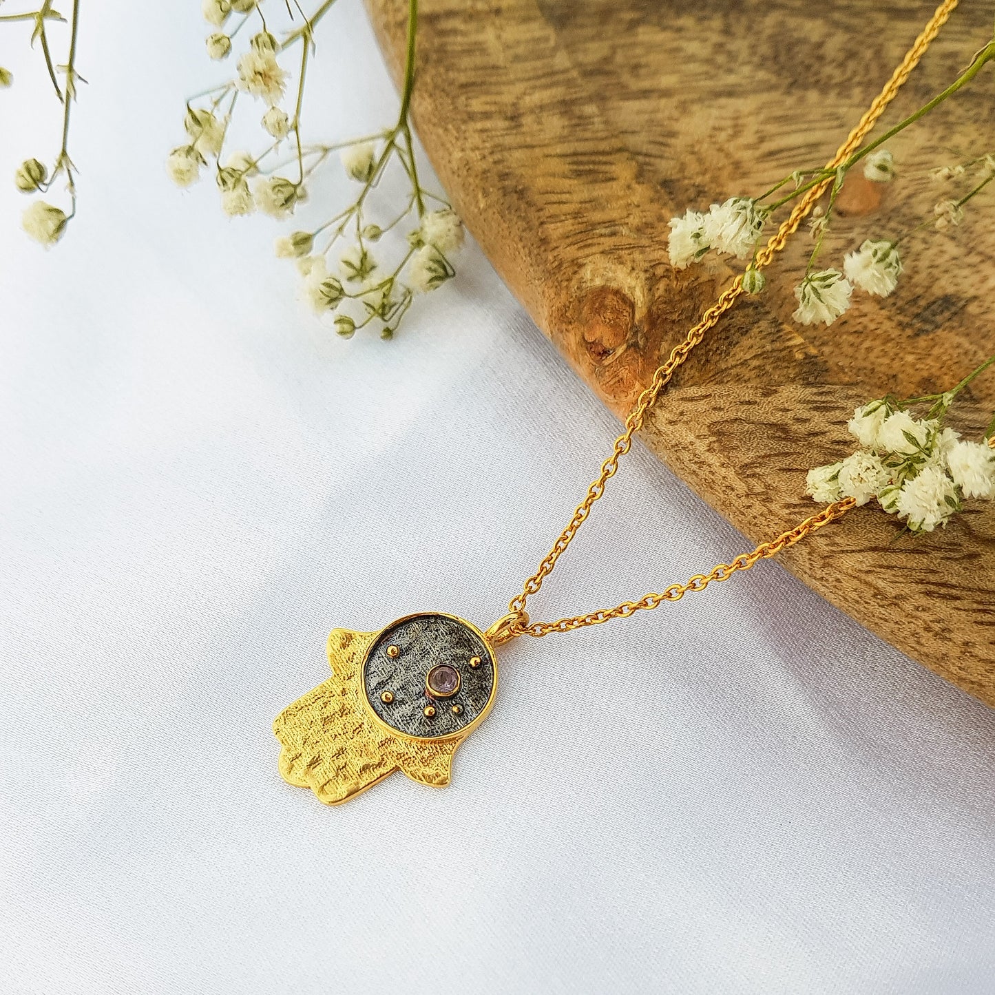 Aquarius Zodiac Constellation chain necklace with Hamsa Charm and Amethyst birthstone in two tone black rhodium and 22k gold plated 925 sterling silver