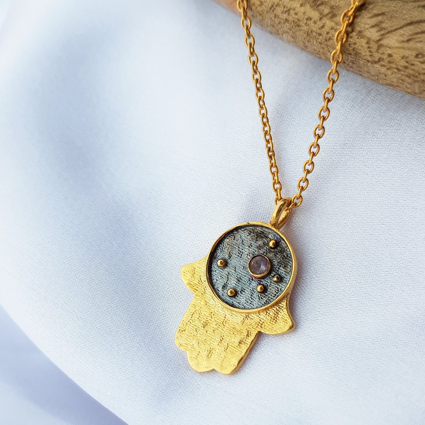 Aquarius Zodiac Constellation chain necklace with Hamsa Charm and Amethyst birthstone in two tone black rhodium and 22k gold plated 925 sterling silver