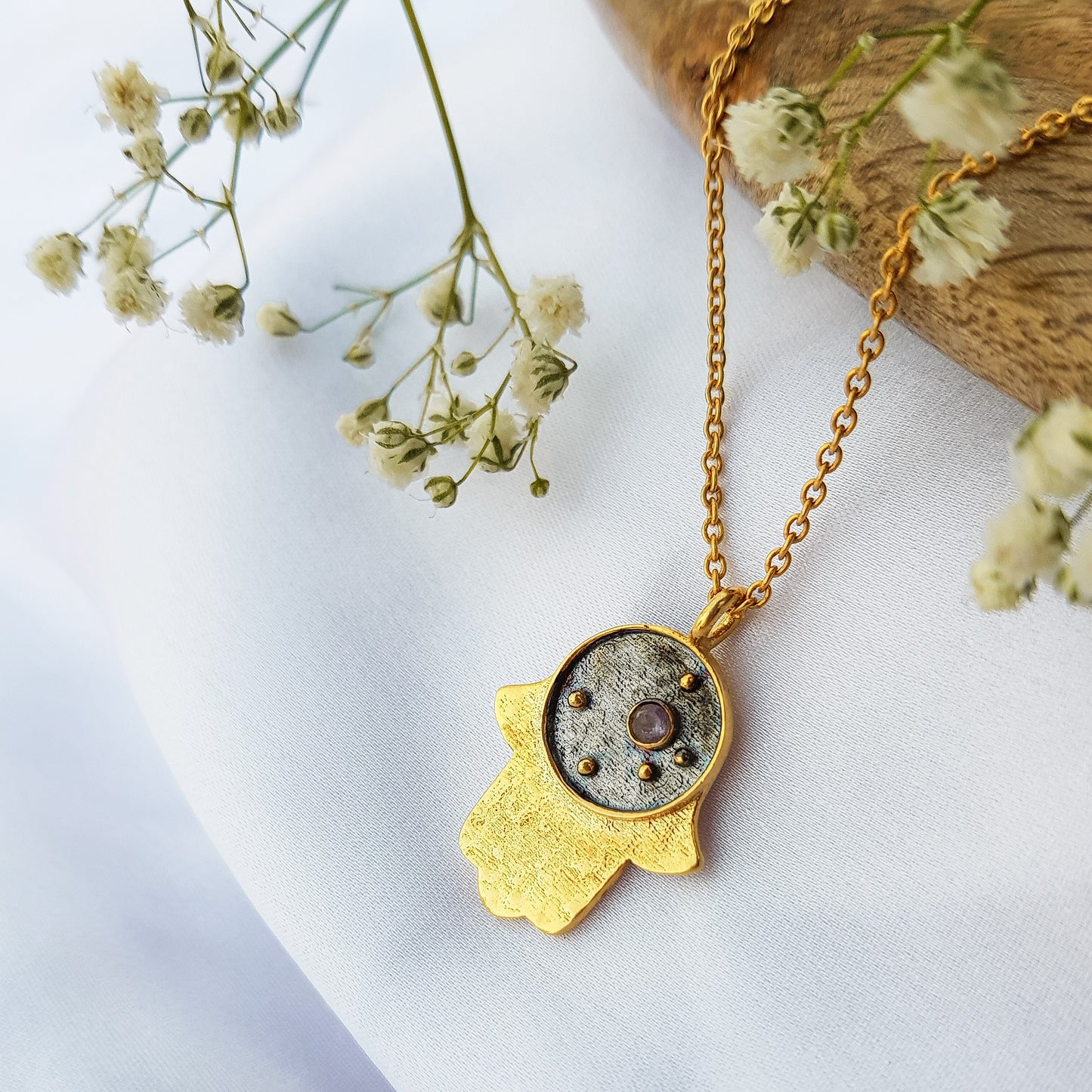 Aquarius Zodiac Constellation chain necklace with Hamsa Charm and Amethyst birthstone in two tone black rhodium and 22k gold plated 925 sterling silver