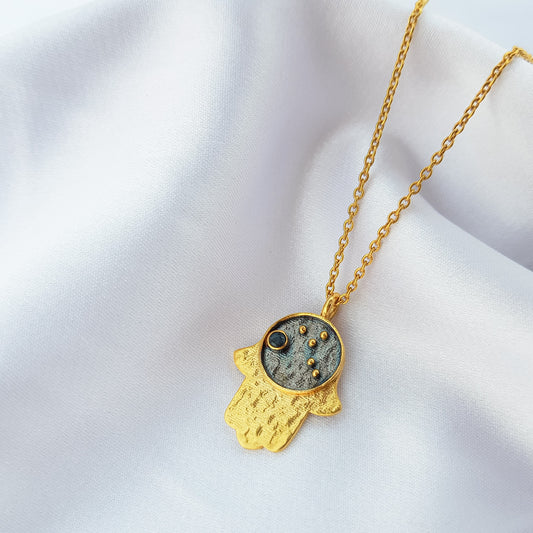 Virgo Zodiac Constellation chain necklace with Hamsa Charm and Blue Sapphire birthstone in two tone black rhodium and 22k gold plated 925 sterling silver