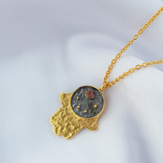 Libra Zodiac Constellation chain necklace with Hamsa Charm and Pink Tourmaline birthstone in two tone black rhodium and 22k gold plated 925 sterling silver