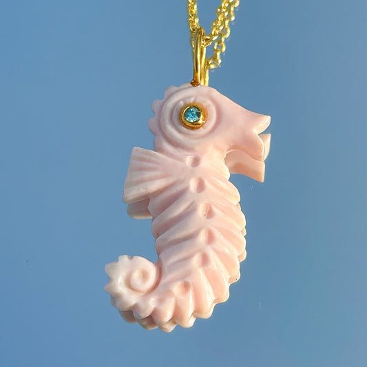 Sea Horse hand-carved pendant in Pink Opal with Blue Topaz gemstone in gold plated Brass chain necklace
