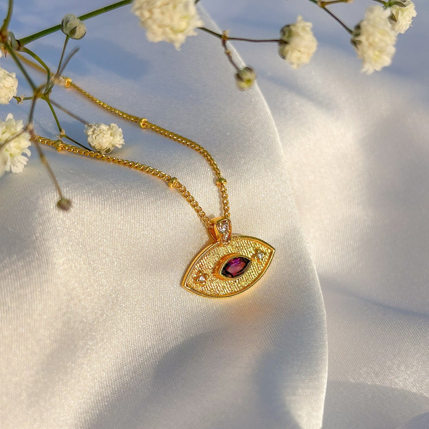 Evil Eye ball chain necklace with Amethyst, Iolite, Peridot, Ruby, Black Onyx, Blue Topaz and zircon gemstones in gold plated Brass