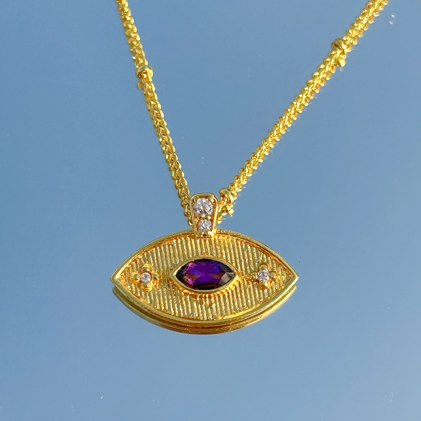 Evil Eye ball chain necklace with Amethyst, Iolite, Peridot, Ruby, Black Onyx, Blue Topaz and zircon gemstones in gold plated Brass