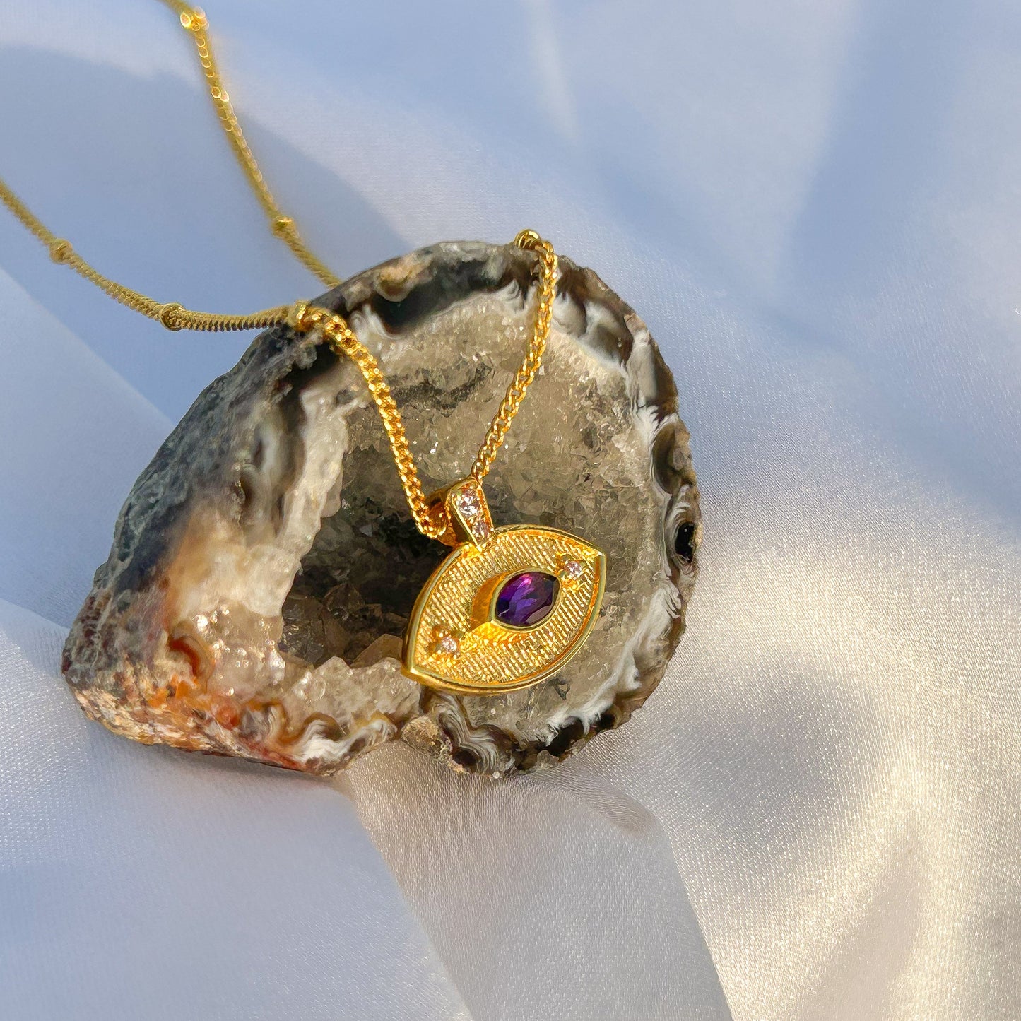 Evil Eye ball chain necklace with Amethyst, Iolite, Peridot, Ruby, Black Onyx, Blue Topaz and zircon gemstones in gold plated Brass