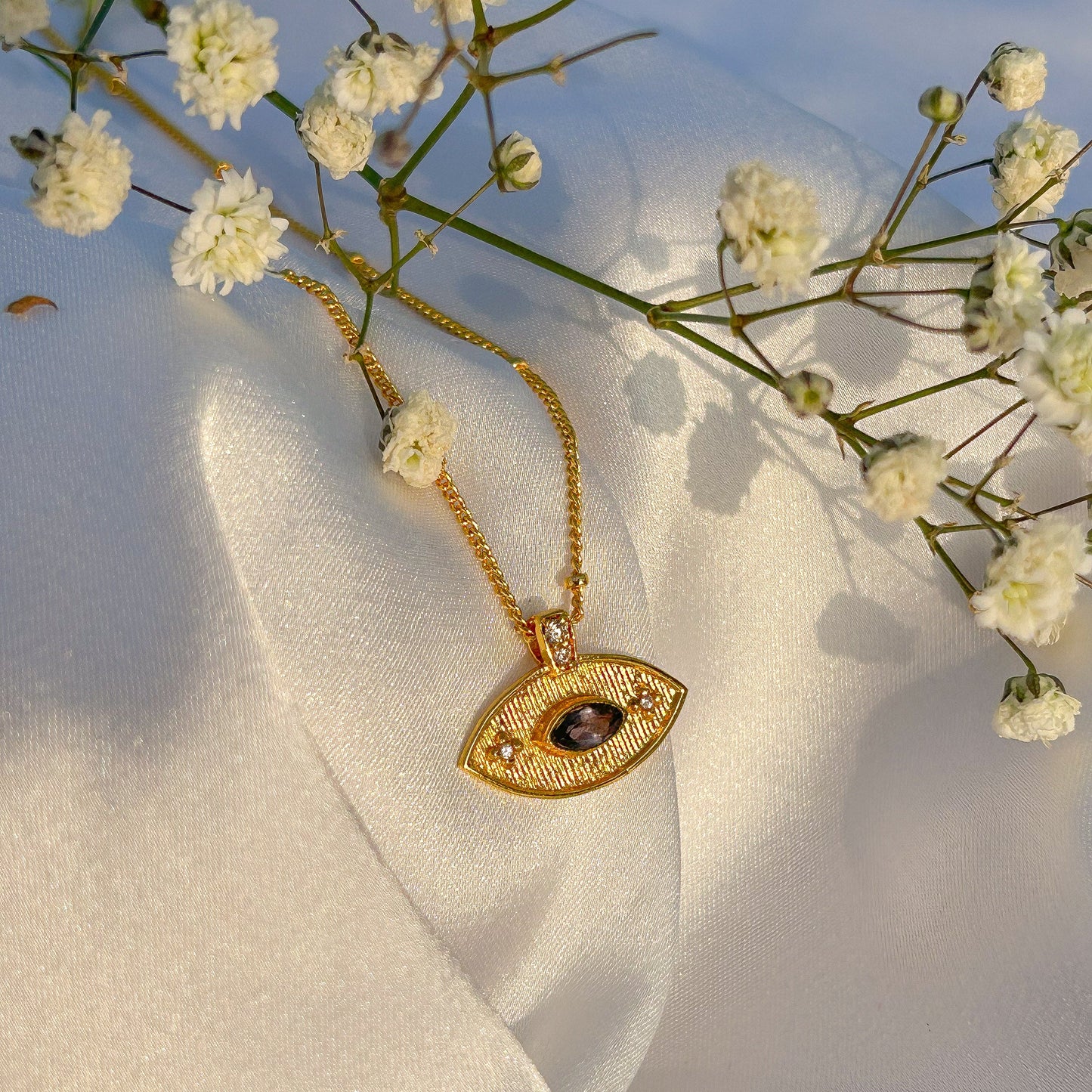 Evil Eye ball chain necklace with Amethyst, Iolite, Peridot, Ruby, Black Onyx, Blue Topaz and zircon gemstones in gold plated Brass