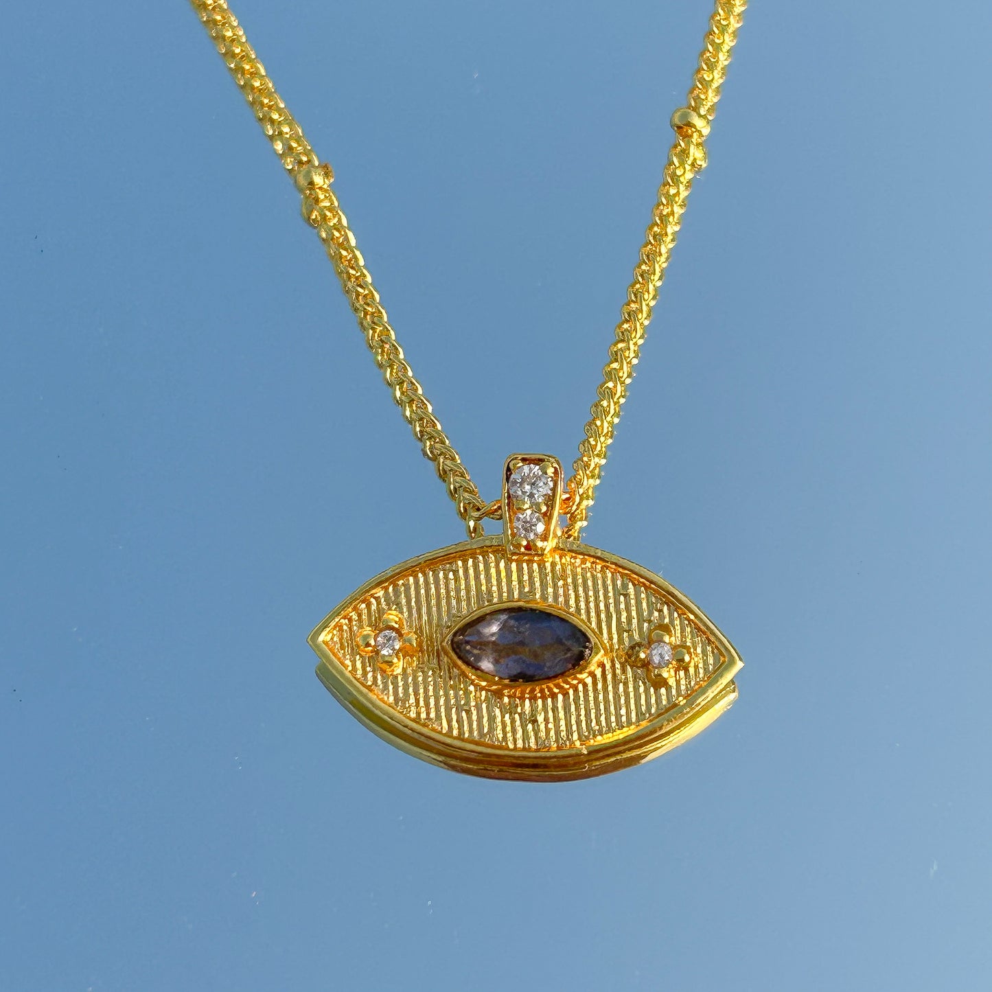 Evil Eye ball chain necklace with Amethyst, Iolite, Peridot, Ruby, Black Onyx, Blue Topaz and zircon gemstones in gold plated Brass