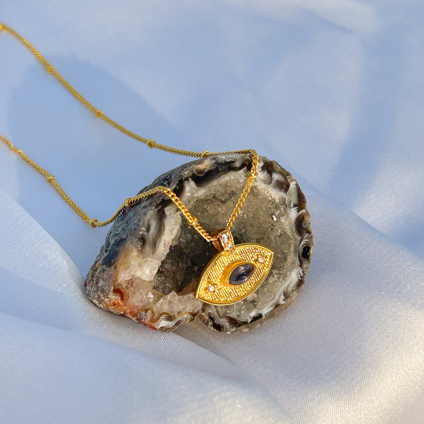 Evil Eye ball chain necklace with Amethyst, Iolite, Peridot, Ruby, Black Onyx, Blue Topaz and zircon gemstones in gold plated Brass