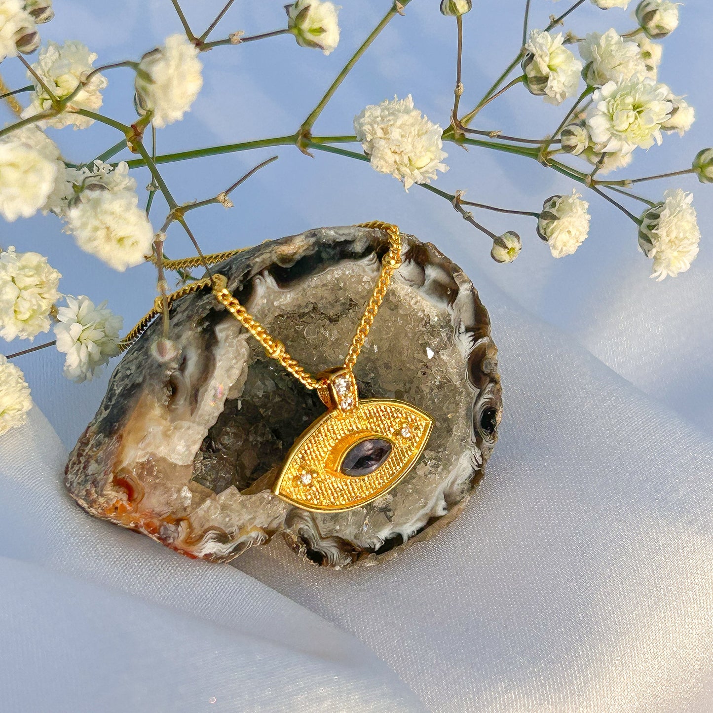 Evil Eye ball chain necklace with Amethyst, Iolite, Peridot, Ruby, Black Onyx, Blue Topaz and zircon gemstones in gold plated Brass