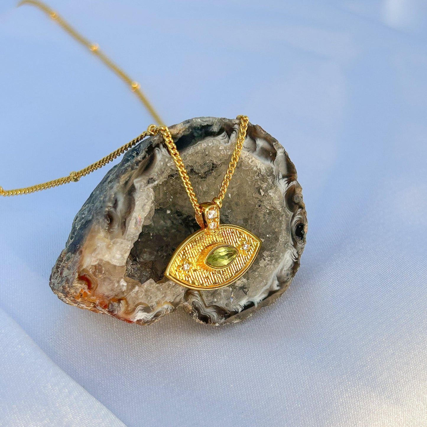 Evil Eye ball chain necklace with Amethyst, Iolite, Peridot, Ruby, Black Onyx, Blue Topaz and zircon gemstones in gold plated Brass