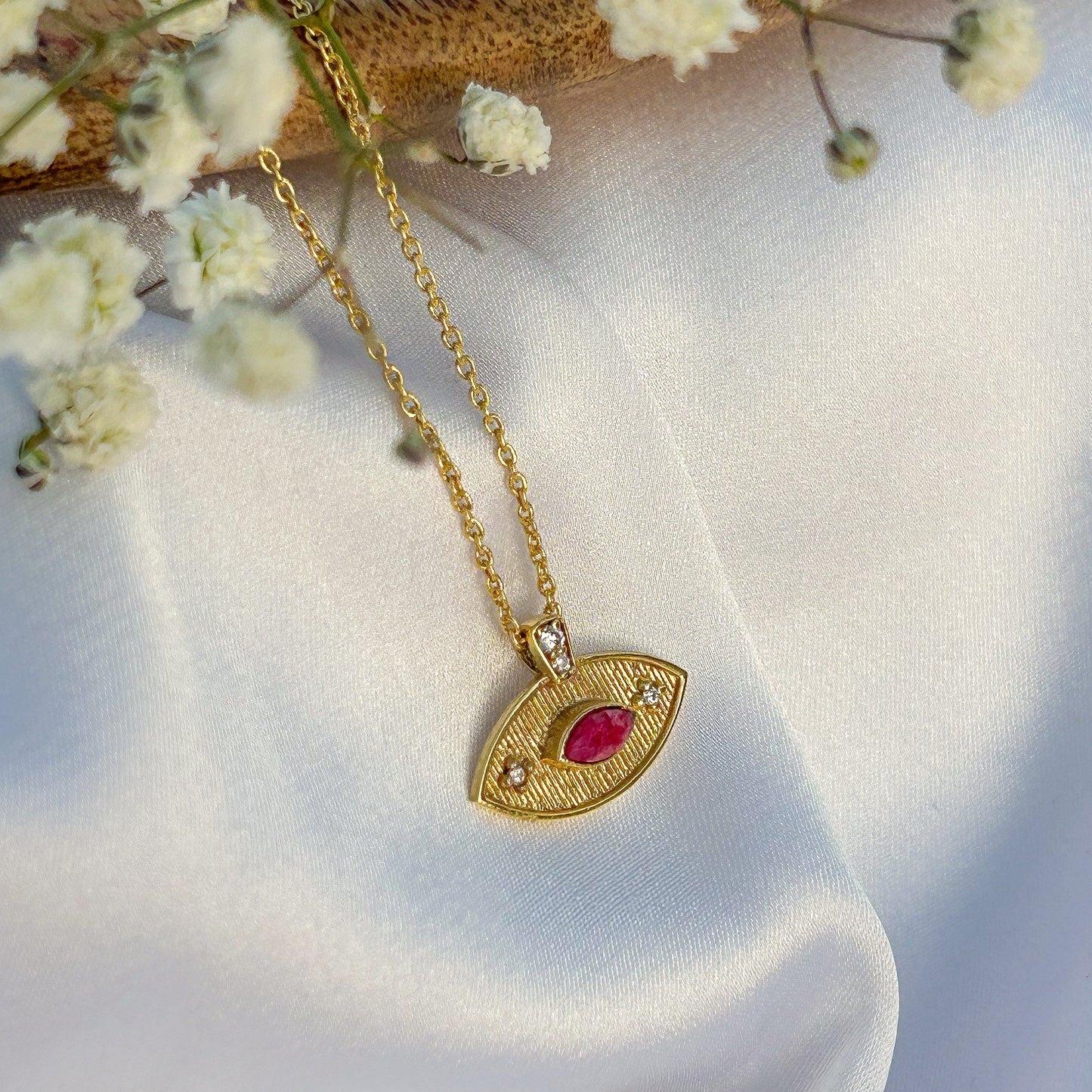 Evil Eye ball chain necklace with Amethyst, Iolite, Peridot, Ruby, Black Onyx, Blue Topaz and zircon gemstones in gold plated Brass