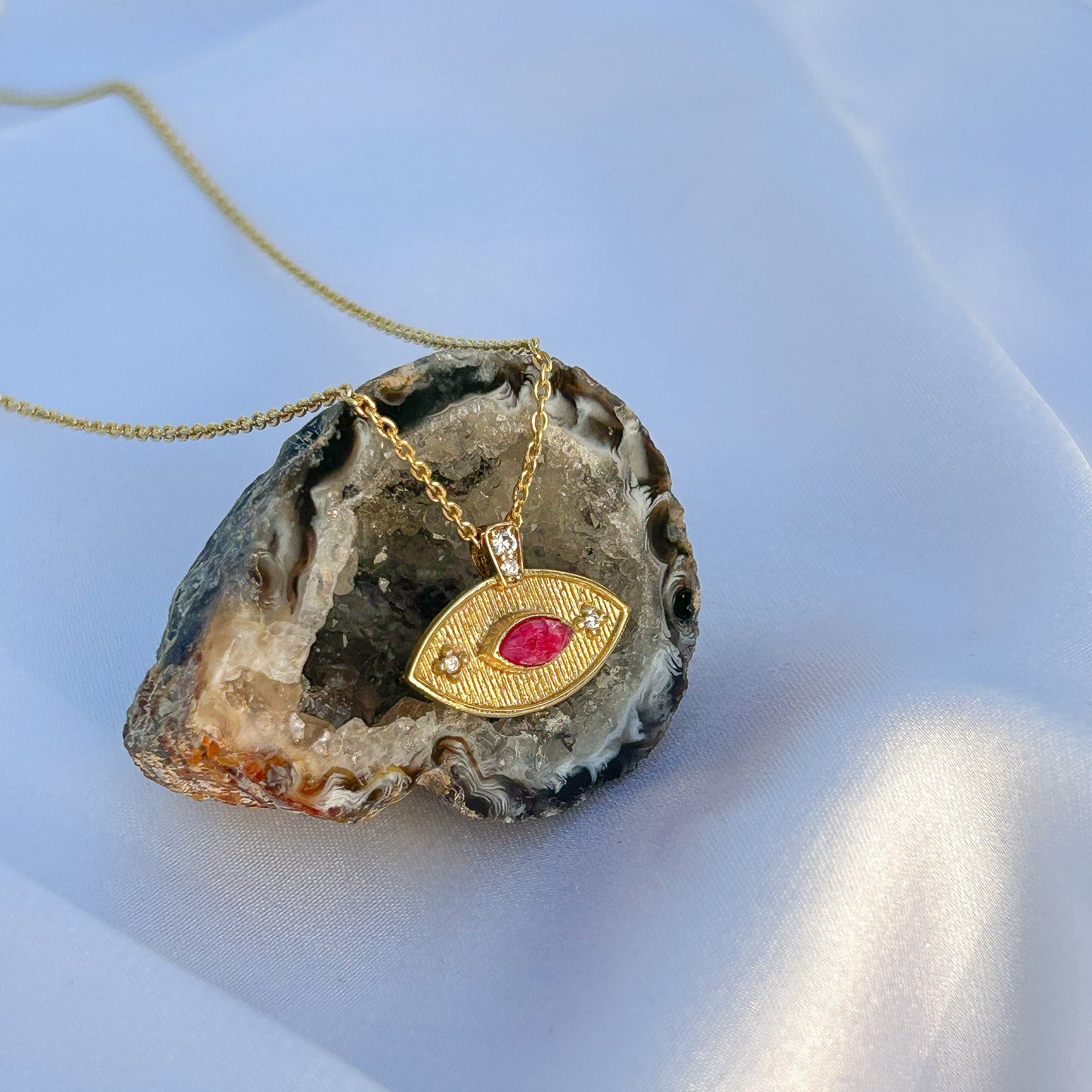 Evil Eye ball chain necklace with Amethyst, Iolite, Peridot, Ruby, Black Onyx, Blue Topaz and zircon gemstones in gold plated Brass