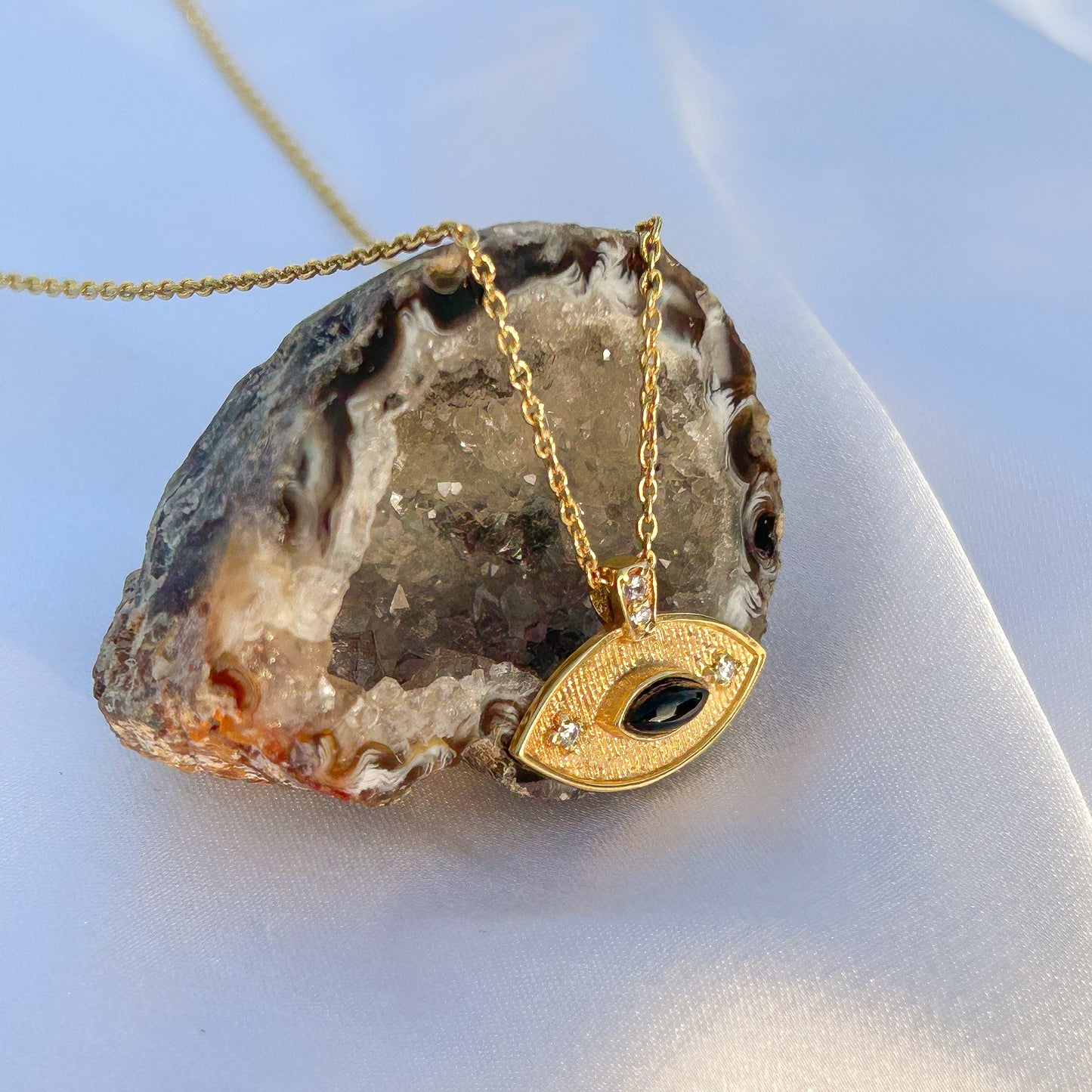 Evil Eye ball chain necklace with Amethyst, Iolite, Peridot, Ruby, Black Onyx, Blue Topaz and zircon gemstones in gold plated Brass