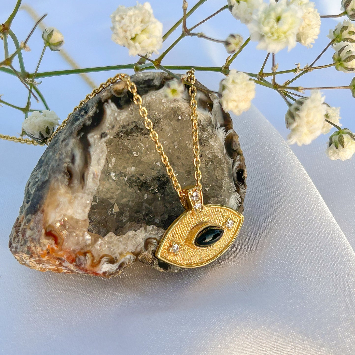 Evil Eye ball chain necklace with Amethyst, Iolite, Peridot, Ruby, Black Onyx, Blue Topaz and zircon gemstones in gold plated Brass