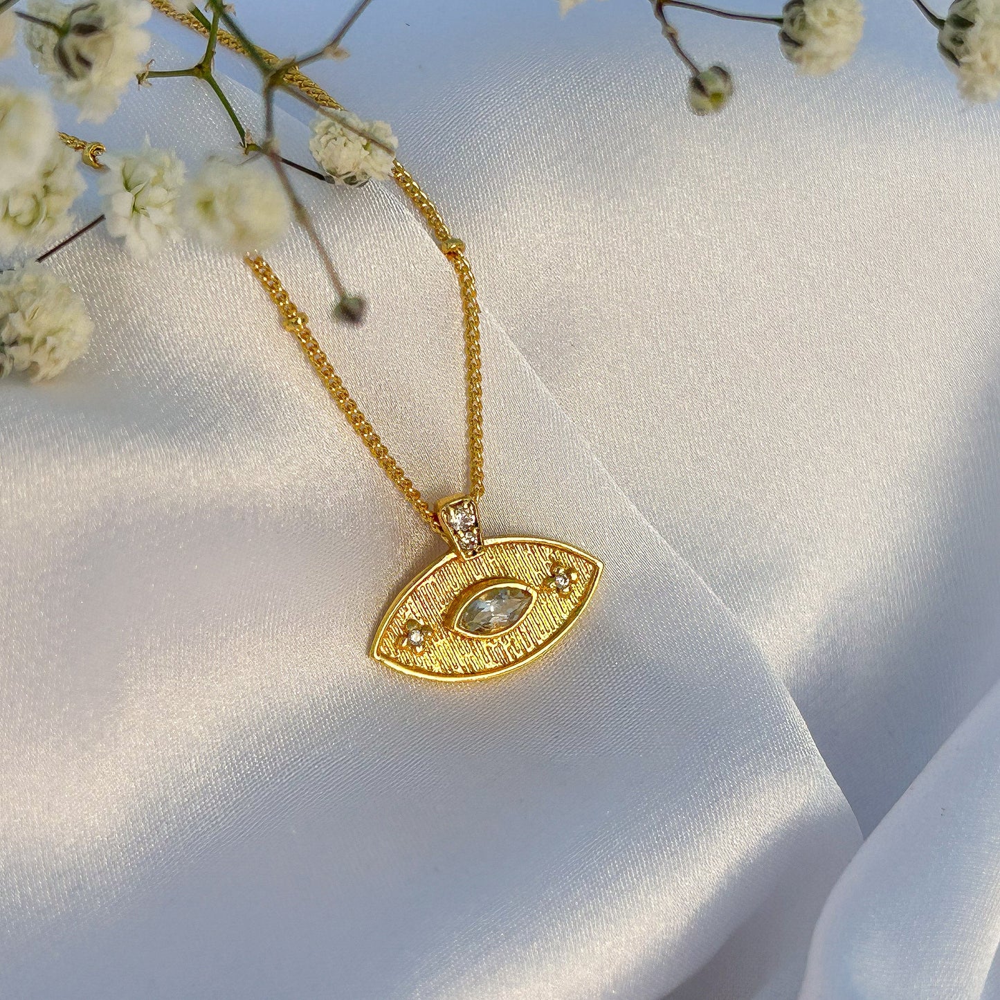 Evil Eye ball chain necklace with Amethyst, Iolite, Peridot, Ruby, Black Onyx, Blue Topaz and zircon gemstones in gold plated Brass