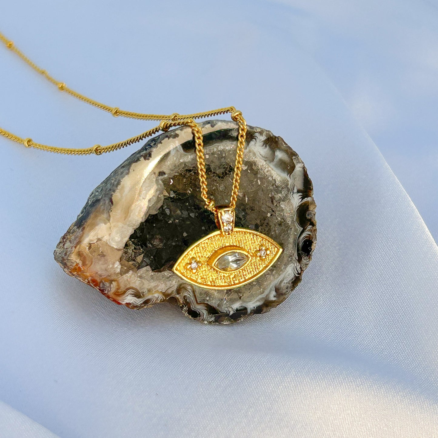 Evil Eye ball chain necklace with Amethyst, Iolite, Peridot, Ruby, Black Onyx, Blue Topaz and zircon gemstones in gold plated Brass