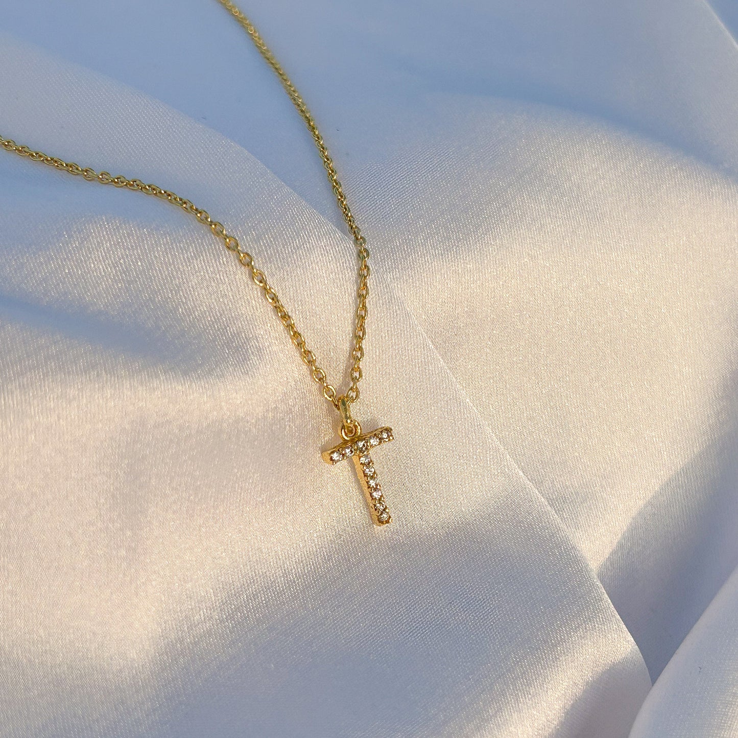 A-Z Alphabet Initial chain necklace with zircon gemstones in gold plated Brass