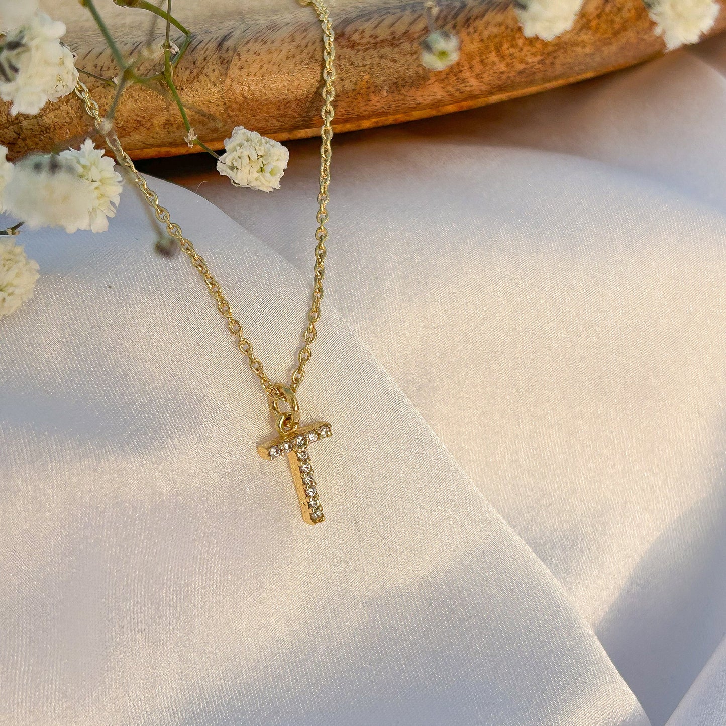 A-Z Alphabet Initial chain necklace with zircon gemstones in gold plated Brass