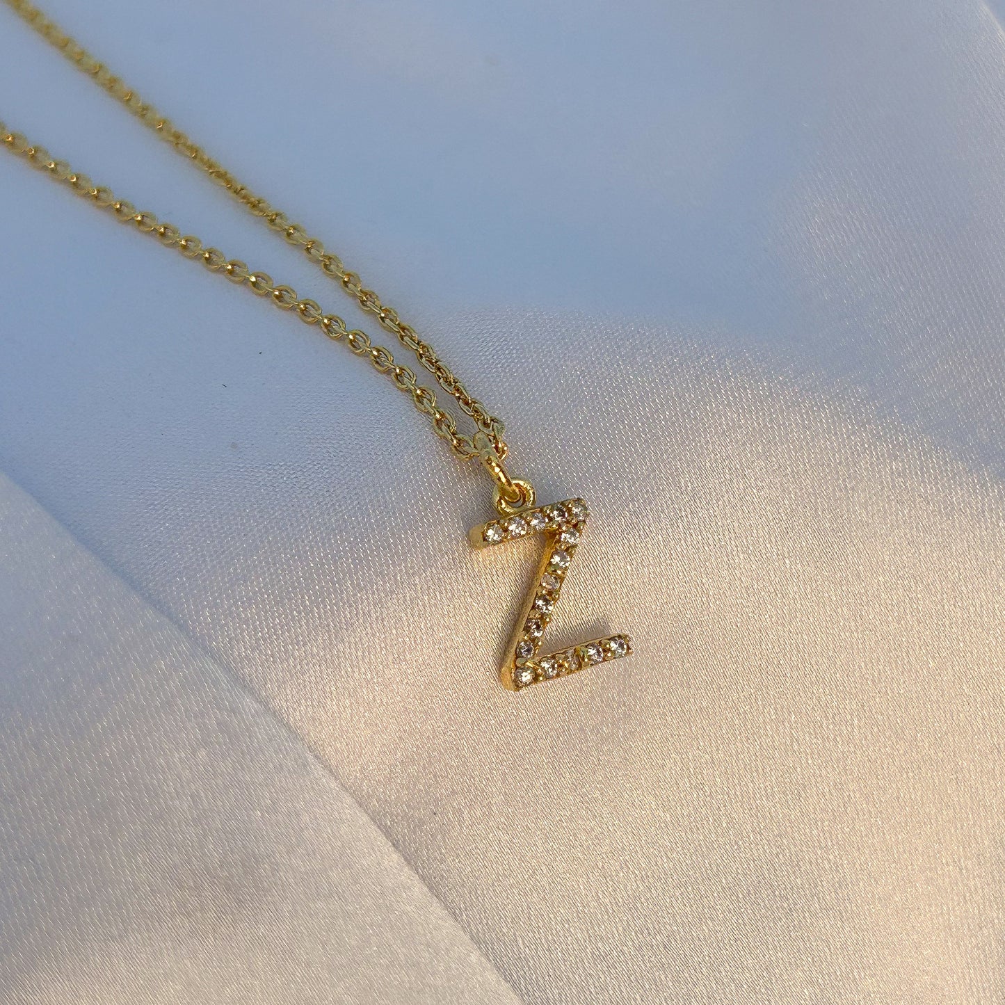 A-Z Alphabet Initial chain necklace with zircon gemstones in gold plated Brass