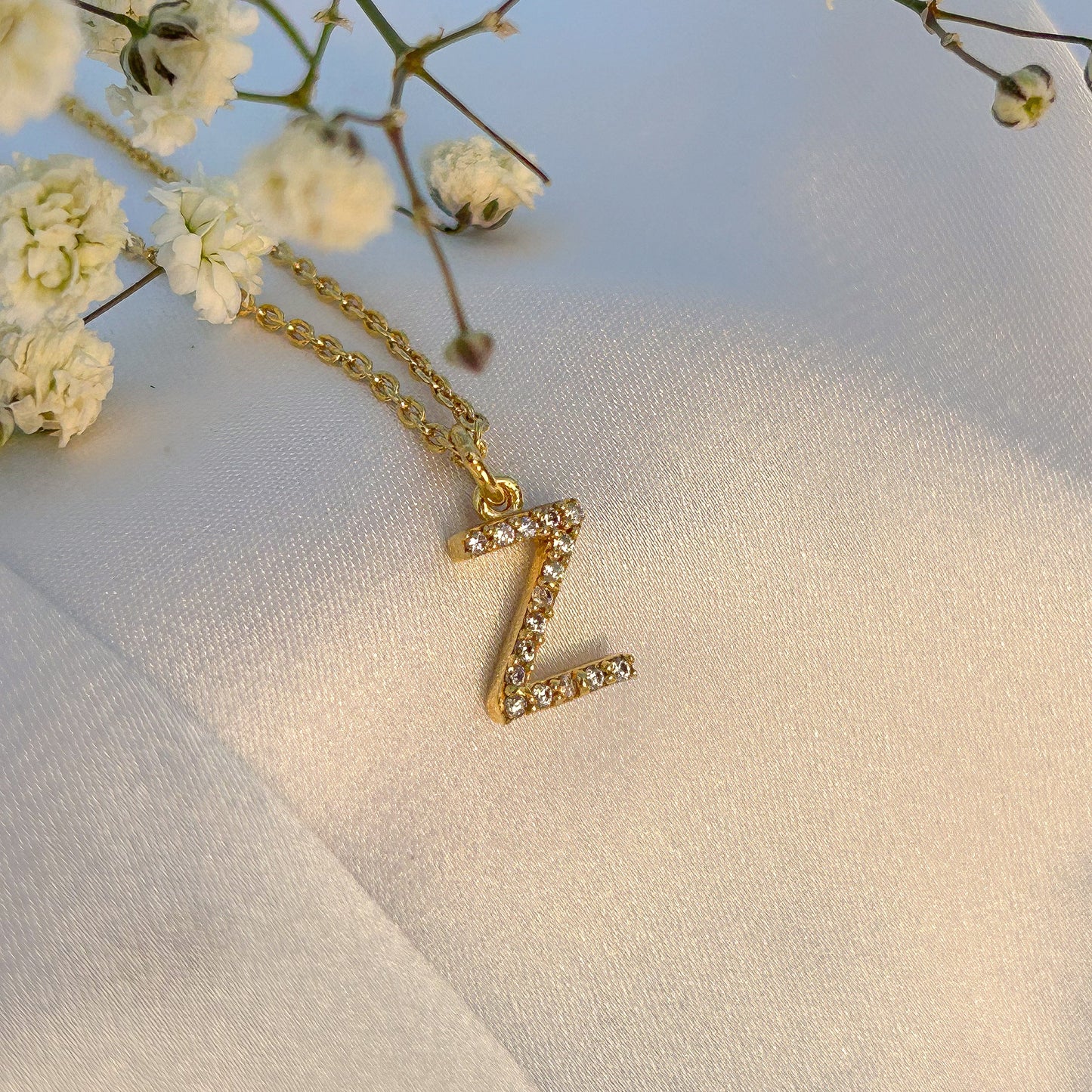A-Z Alphabet Initial chain necklace with zircon gemstones in gold plated Brass